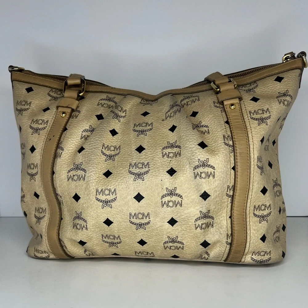 MCM Visetos Ivory Medium Shoulder‎ Bag Logo Print Leather Trim Zip Top Designer